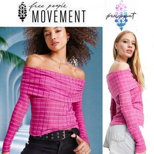 NWT Free People S Snowbunny Girlfriend Ribbed LS Fuchsia Fizz Combo
